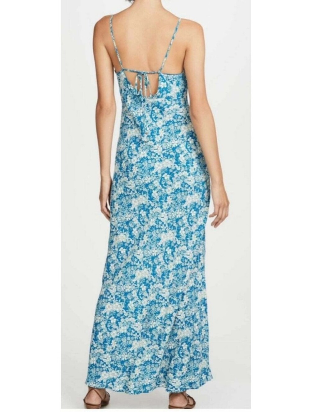 Free People Bon Voyage Midi Dress M Floral Boho Keyhole Smocked Blue Combo - Picture 11 of 15